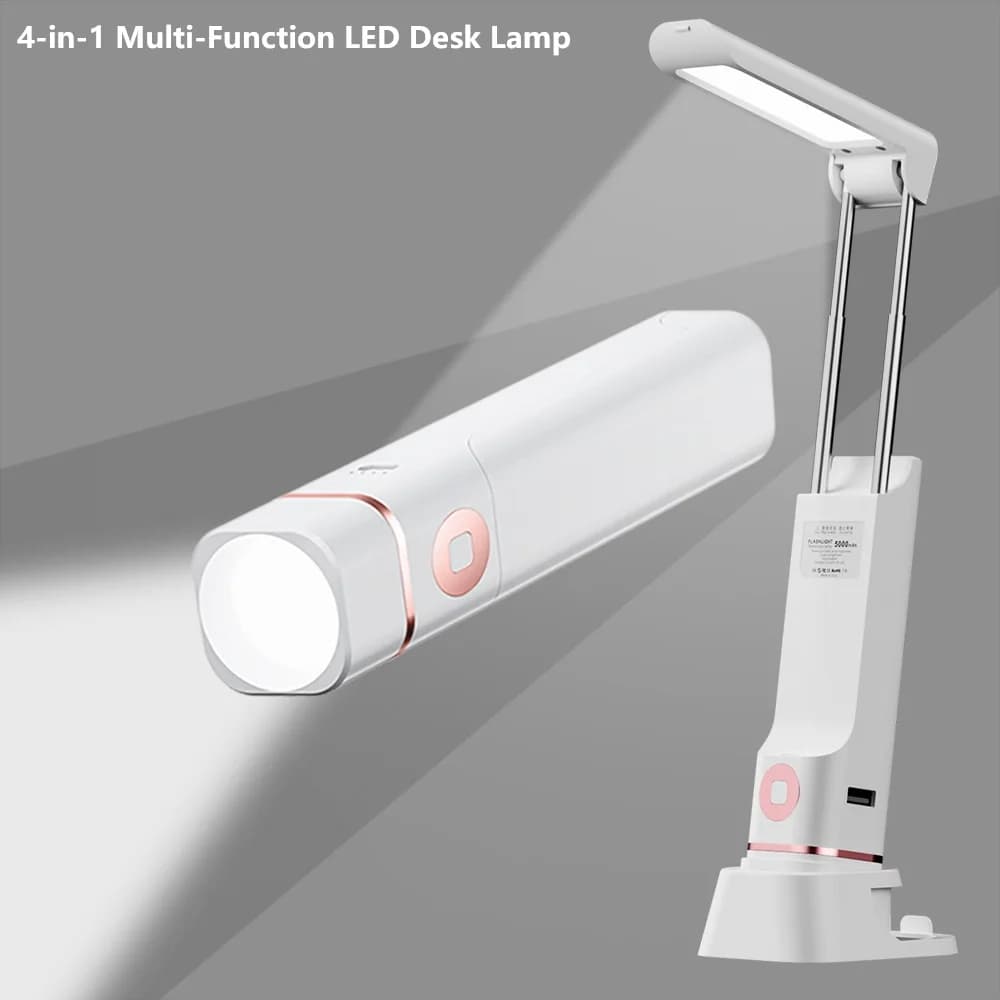Lampada da scrivania a LED multifunzione 4 in 1 Luce notturna protettiva per gli occhi Torcia ad alta potenza Supporto per telefono portatile Luce da lettura dimmerabile