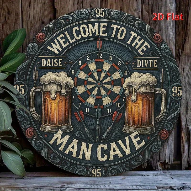 Targa rustica da parete in metallo con barra per freccette - Stampa piatta 2D con tazze da birra e design per freccette, testo "Benvenuto alla grotta dell'uomo", 20x20