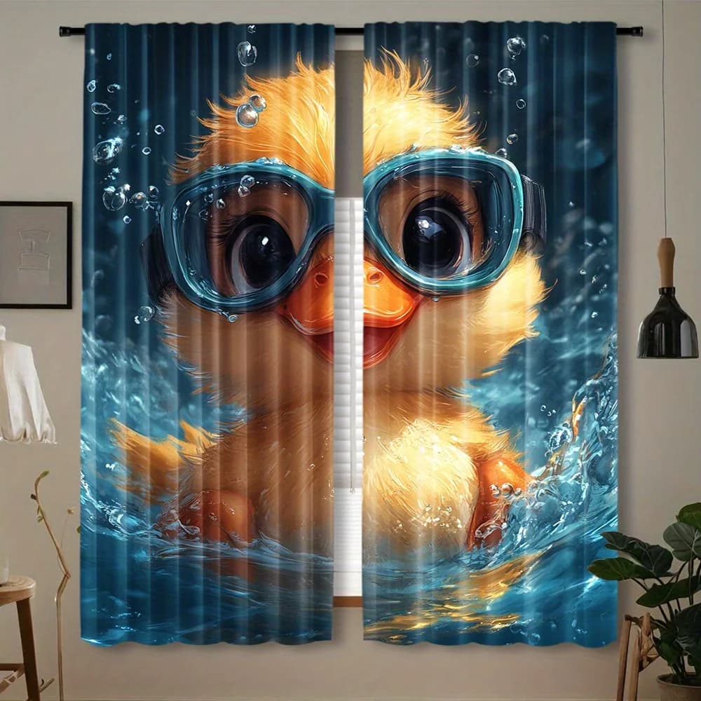 Cute Duckling Goggles Curtain, Funny Swimming Animal Print Drape, Blue Underwater Scene Window Treatment for Kids Room Bathroom