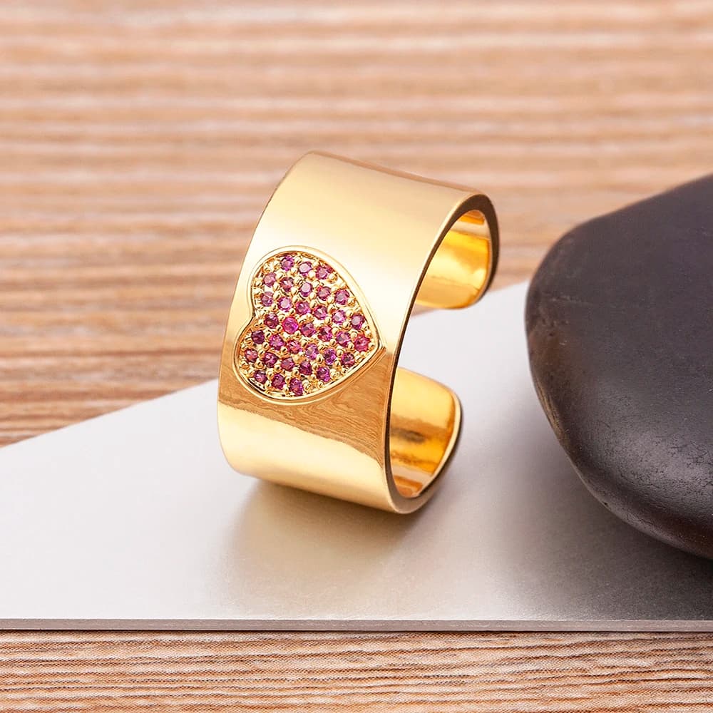 Nidin vendita calda a forma di cuore rosa cristallo zircone apertura regolabile placcato oro anello donna francese romanticismo gioielli fascino regalo
