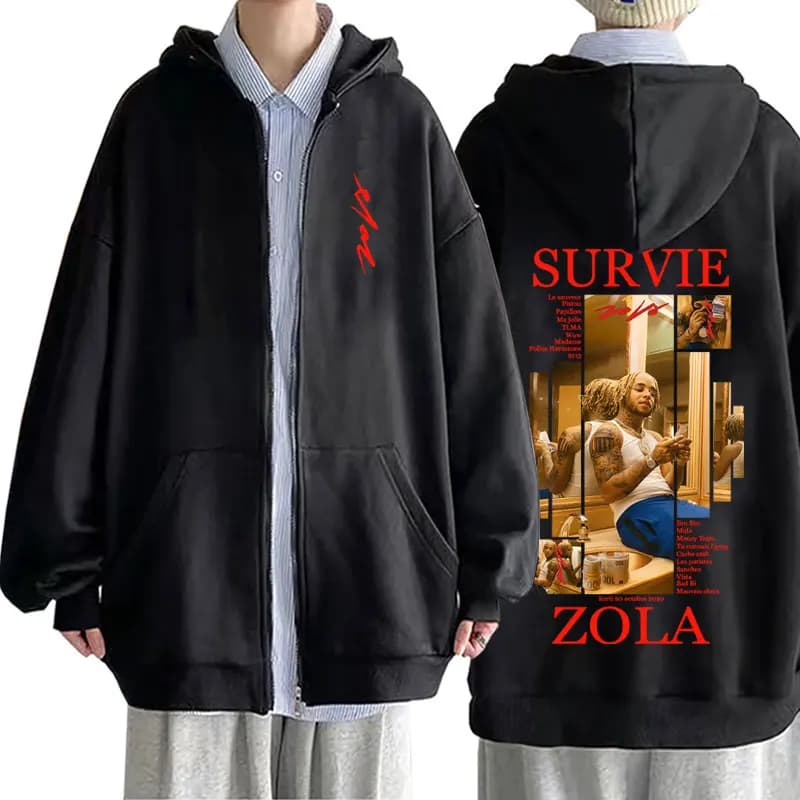 Felpa con cappuccio con cerniera grafica Rapper Zola Survie Felpe con zip casual da uomo Uomo Donna Cappotto giacca oversize con musica pop moda Hip Hop