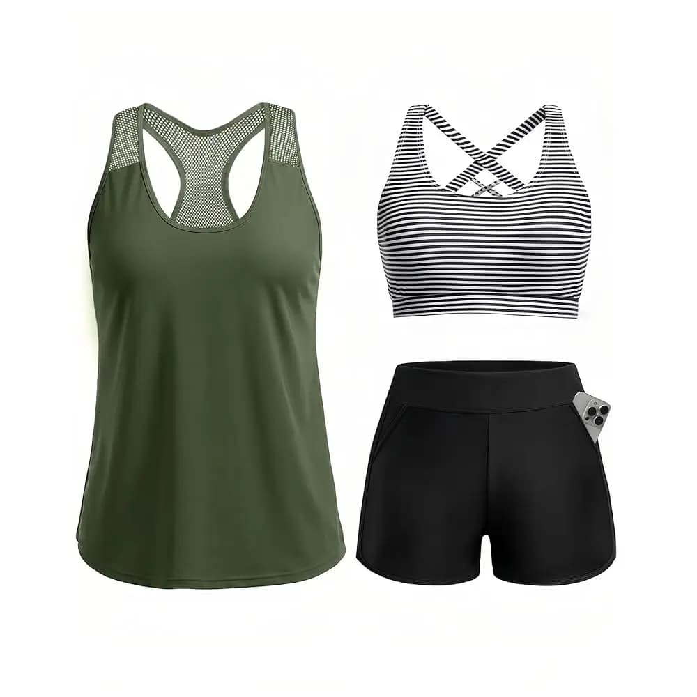 Costume da bagno tankini da donna in 3 pezzi - Top a rete con schiena incrociata, reggiseno sportivo e pantaloncini con tasche - Costumi da bagno sportivi