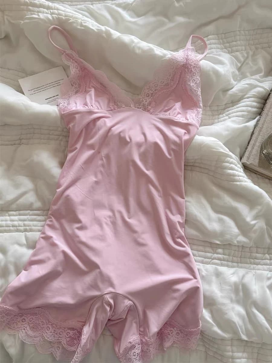 Lace Triangle Cup Bodysuit Woman V-neck Sleeveless Shaperwear Jumpsuit Tank Tops Solid High Elastic Comfort Home Underwear New