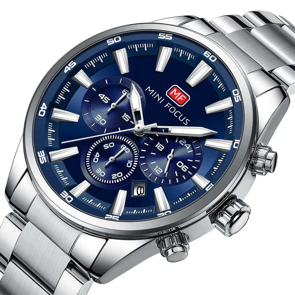Orologio da Polso al Quarzo MF MINI FOCUS per Uomo, Cronografo con Indicatore 24H, Calendario, Lancette Luminose, Cinturino in Acciaio Inossidabile, Impermeabile