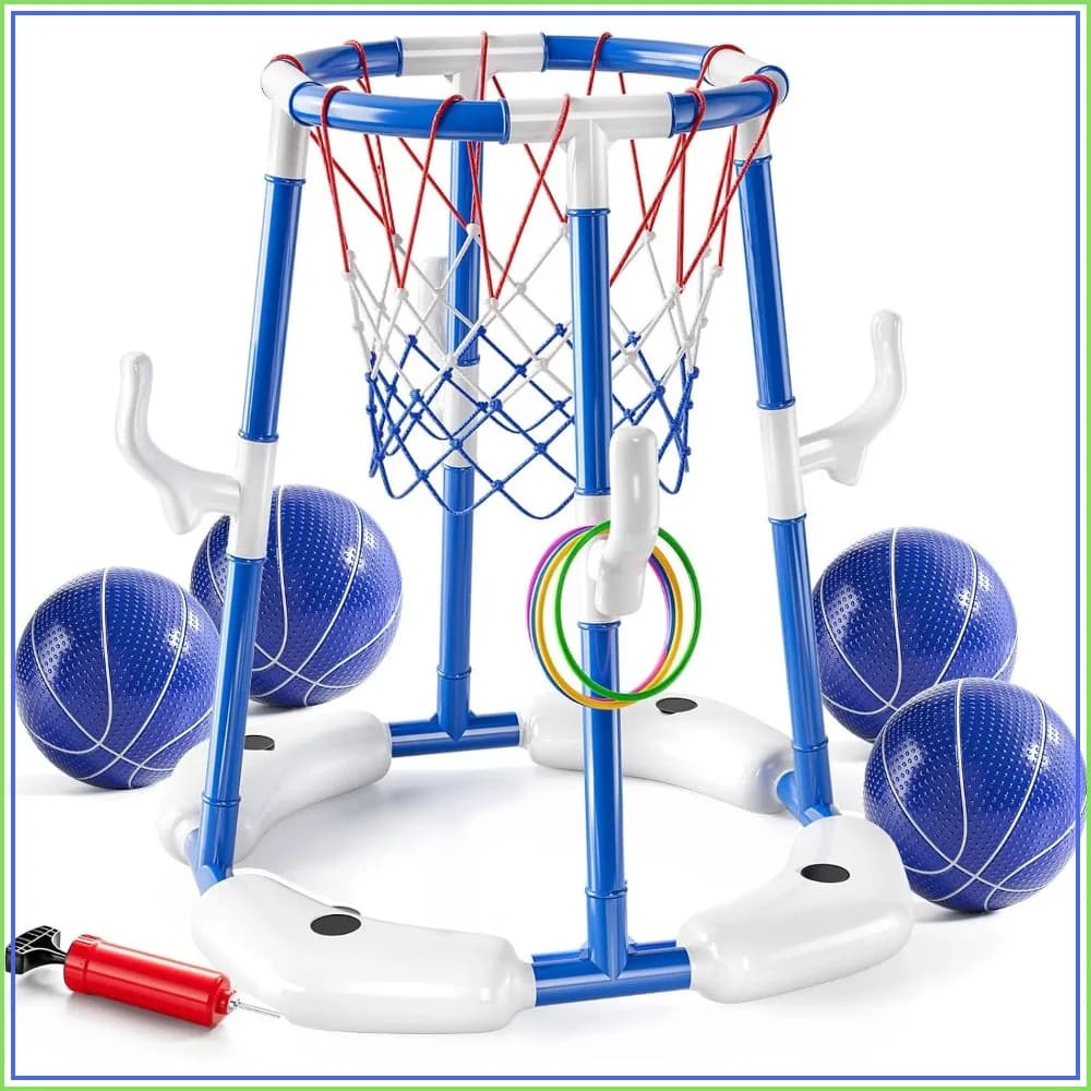 2-in-1 Floating Basketball Pool Game with 4 Balls, 12 Rings, Pump for Summer Outdoor Water Play