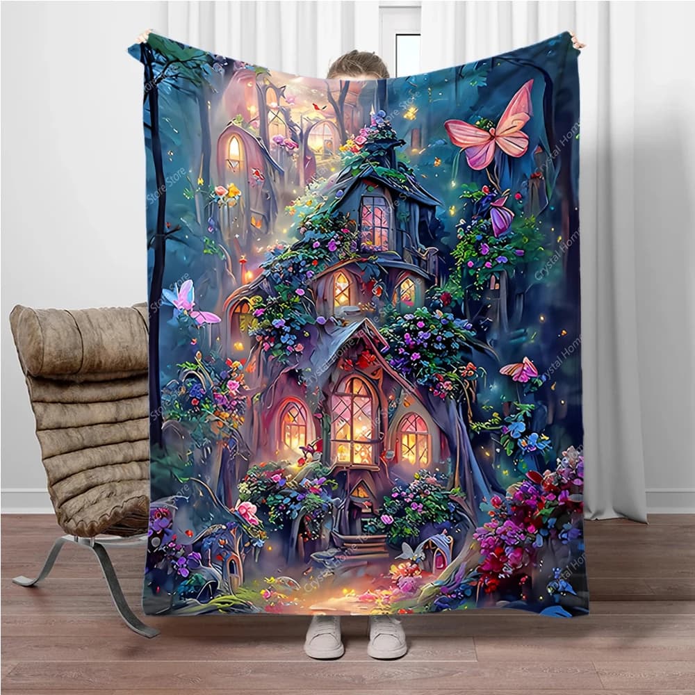Coperta con motivo castello incantato in flanella Stampa 3D, morbida coperta in pile per divano letto da viaggio, campeggio, divano da ufficio, sedia letto
