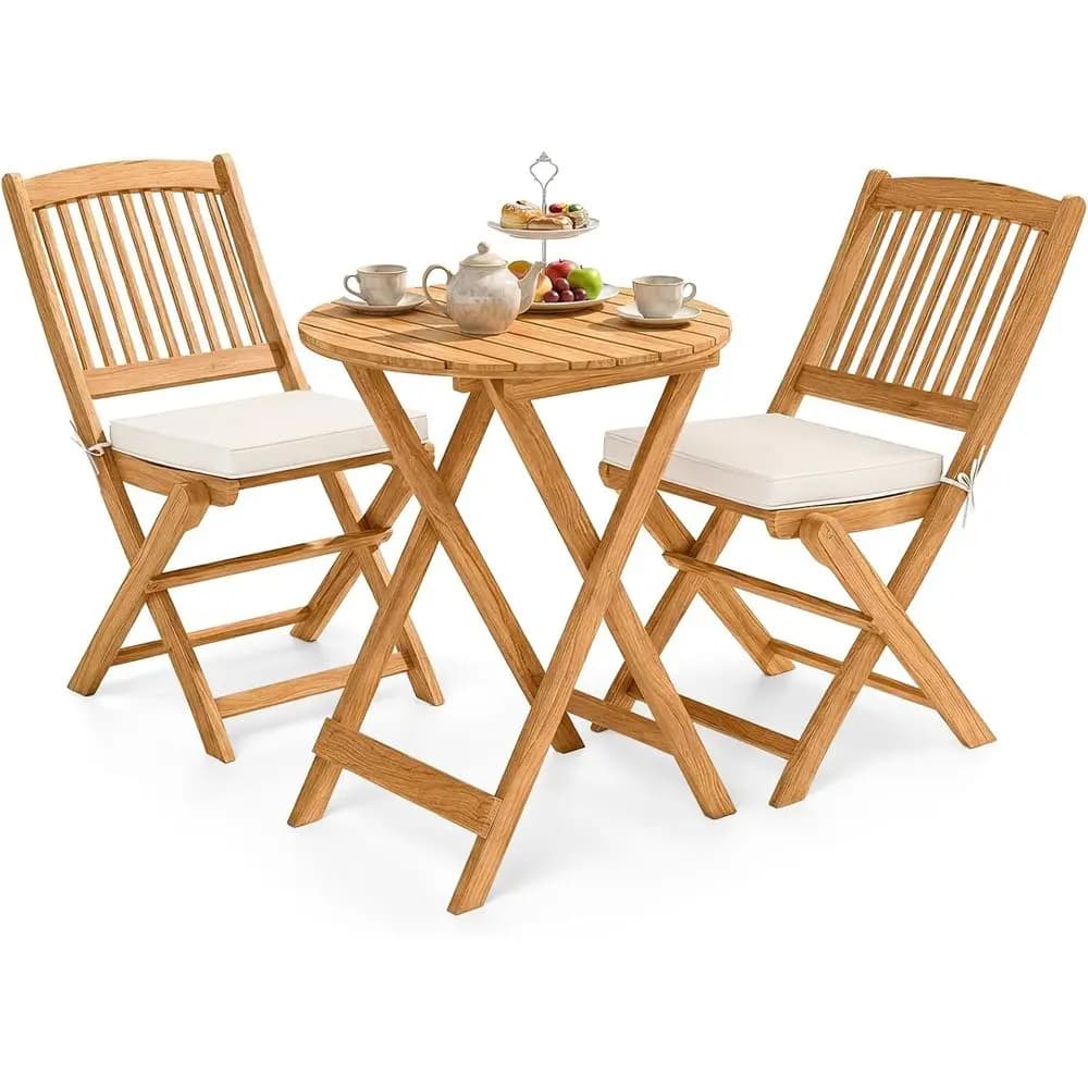 Set da bistrot da esterno in 3 pezzi con tavolo rotondo in legno e 2 sedie imbottite in colore naturale e beige