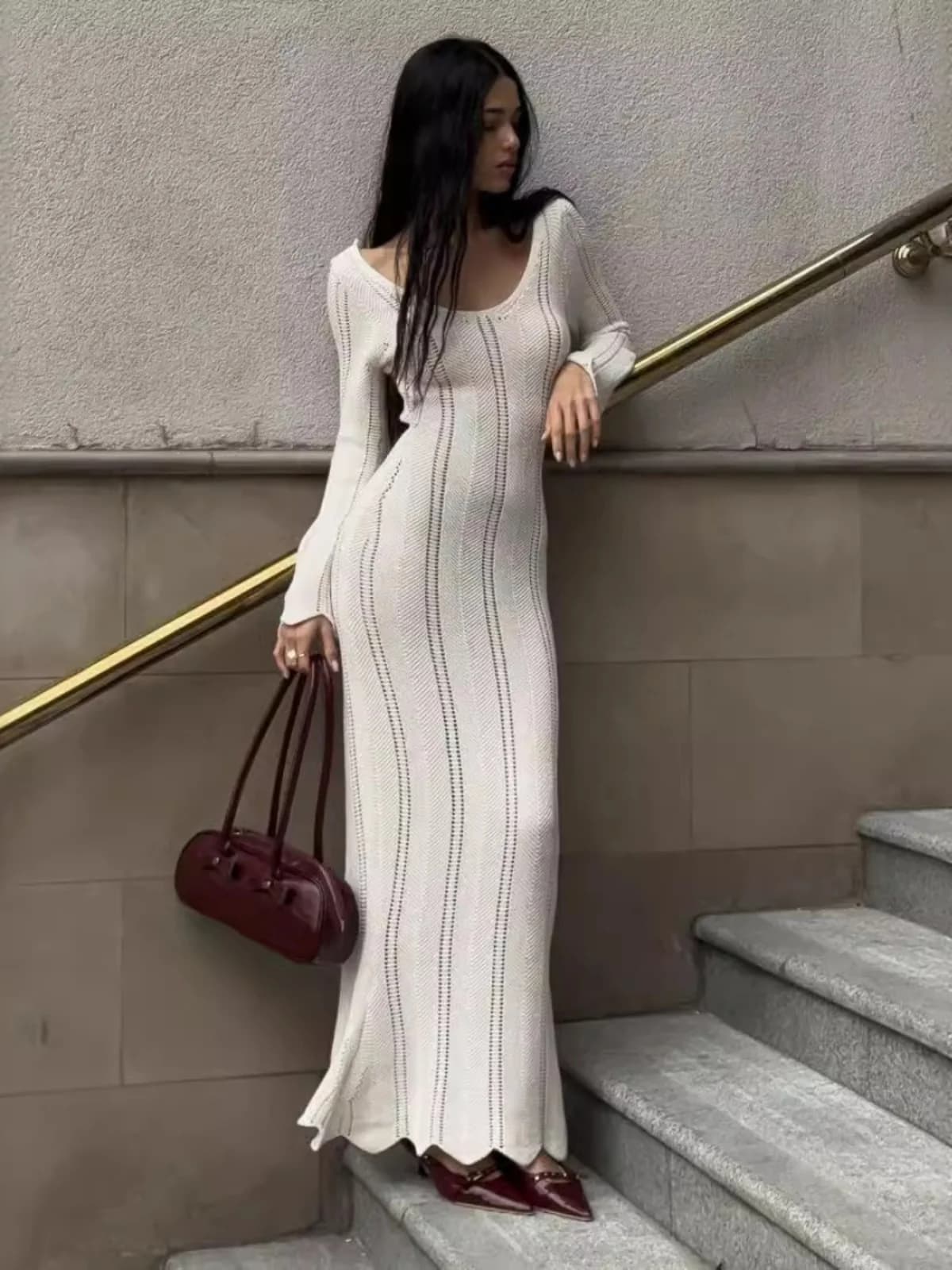 Autumn Winter Long Sleeve Dress Beach Lazy Tight Elastic Backless Skirt High Waist Wrap Bodycon V Neck H Type Single Piece