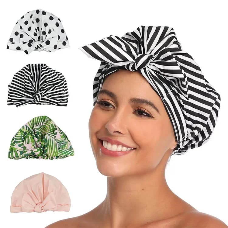 Cuffia da doccia impermeabile da donna, regolabile, elastica, rotonda, stampata, con fiocco e cappello rotondo