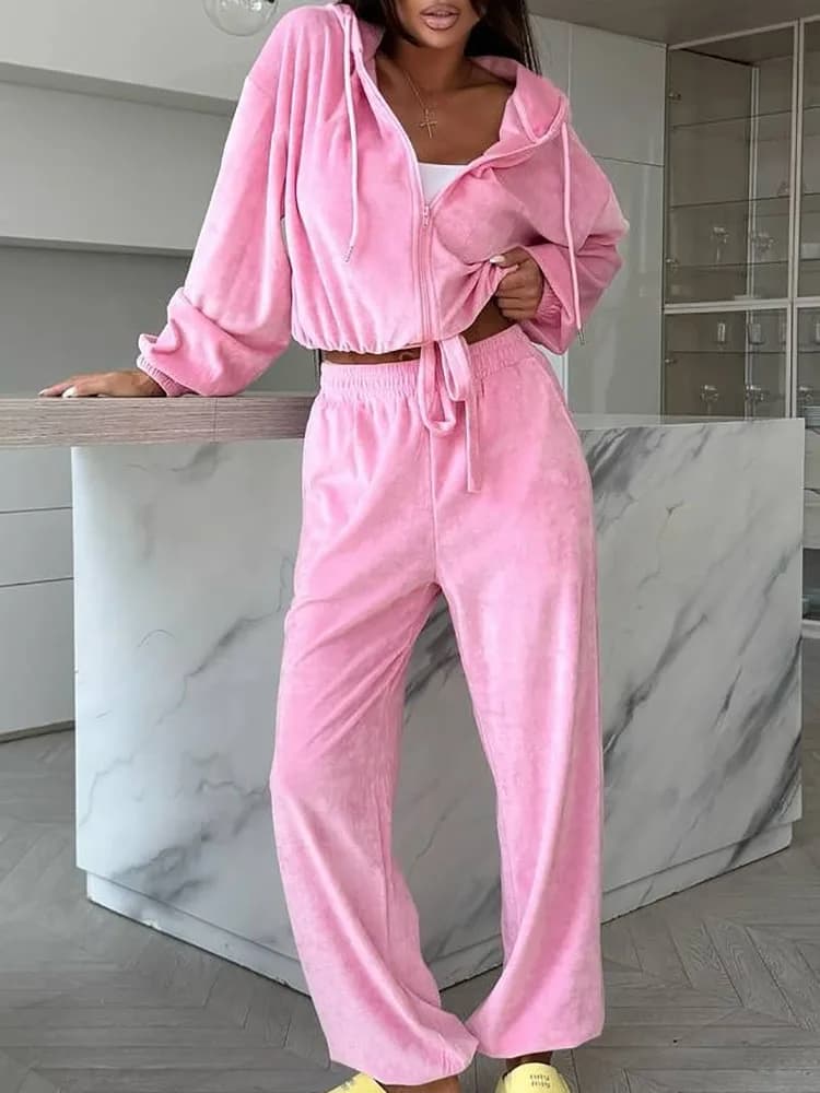Fashion Zip Hooded Sweatshirt Coat+Tie-up Pants Tracksuit Autumn Casual Solid Soft Velvet Set Women Winter Loose Sportswear Suit