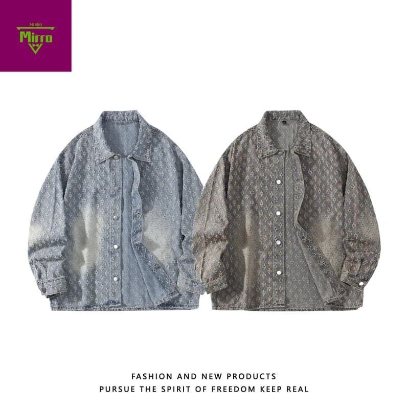 【Mirrordust】Nuova giacca di jeans jacquard autunnale Camicia da giacca cargo ampia e versatile stile americano
