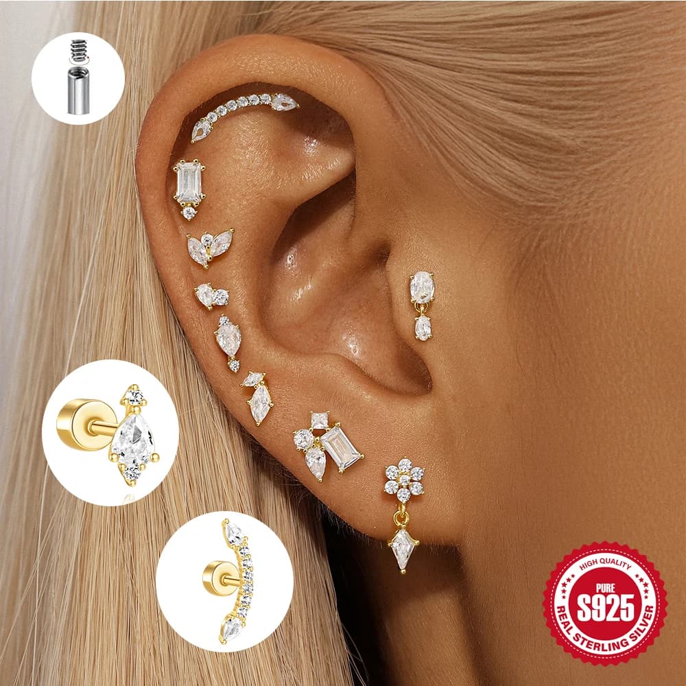 ROXI 925 Sterling Silver 1 pezzo geometrico zircone nappa orecchino penetrante per le donne 18K oro testa piatta gioielli da sposa festa
