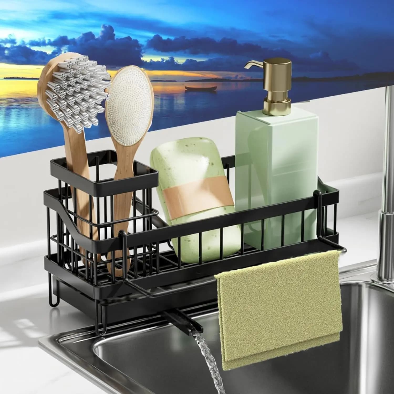 Organizzatore da Parete per Lavello da Cucina con Porta Spazzole, Dispenser per Sapone e Spugna in Acciaio Inossidabile Antiruggine