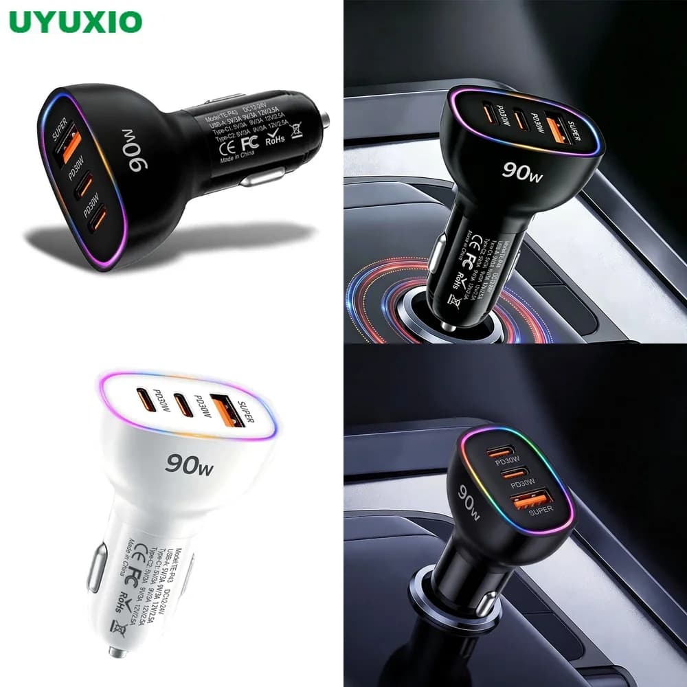 Multi Port 90W Car Charger Super Fast Charging Dual PD 30W Type C USB A 3 in 1 Adapter for Laptop Phone PPS QC3.0 RGB LED Light