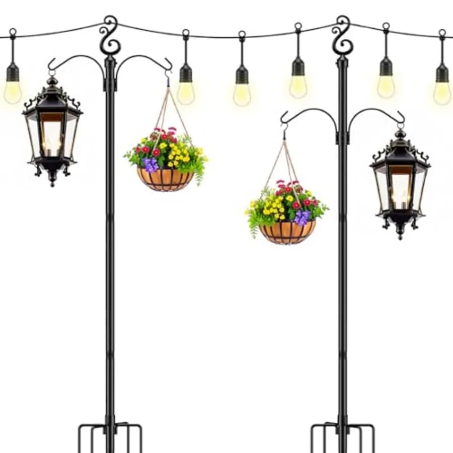 Pali per Luci a Corda Alti 3 Metri e Diametro 2,5 cm, Supporto per Luci a Corda con Ganci, Pali in Metallo per Esterni, Patio, Giardino, Cortile