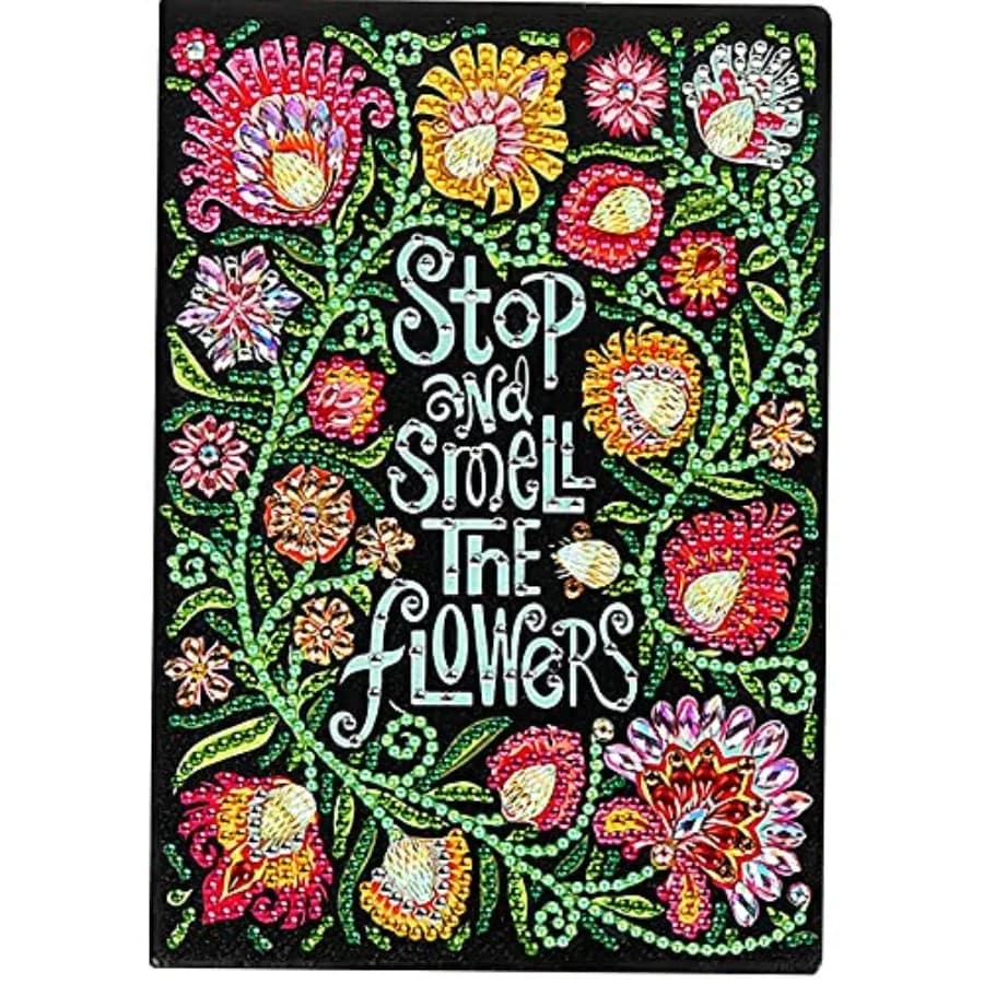 5D Diamond Art Painting Notebook Text Stop and Smell Flowers Kits Cover Leather DIY Special Shaped Journal Sketchbook Cross Sti