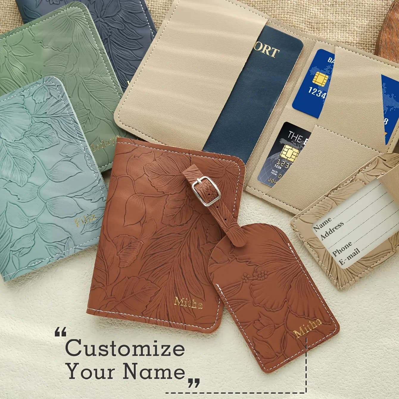 Set di 2 Porta Passaporto e Etichette per Bagagli Personalizzati con Stampa a Caldo e Motivo Floreale Inciso, Accessori da Viaggio Eleganti Fatti a Mano