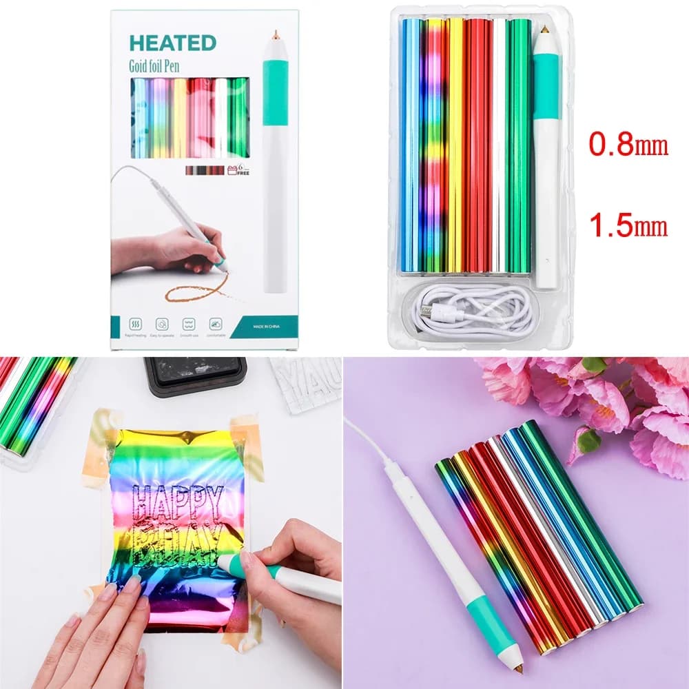 0.8mm 1.5mm USB Hot Foil Pen 6 Heat-Activated Foil Roll Set For Paper Leather Heat Active Gold Foil Pen DIY Scrapbook Craft Tool
