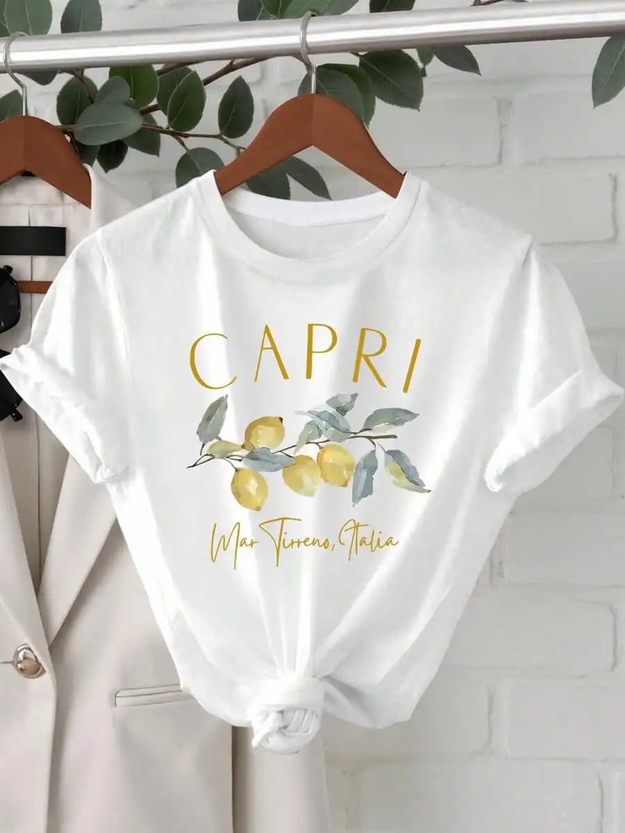 Women's Crew Neck T‑Shirt, Fashion New Arrival Lemon Fruit Graphic Print Casual Short Sleeve Daily Wear Top