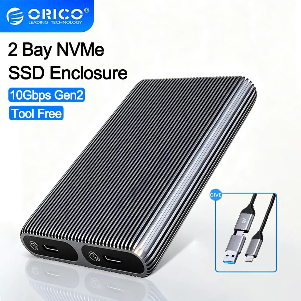 ORICO Box Esterno per SSD M.2 NVMe a 2 Bay, Adattatore USB 3.2 Gen2 da 10 Gbps con Cavo 2-in-1 da USB-C a USB-A, Supporta Chiavi M/B/M