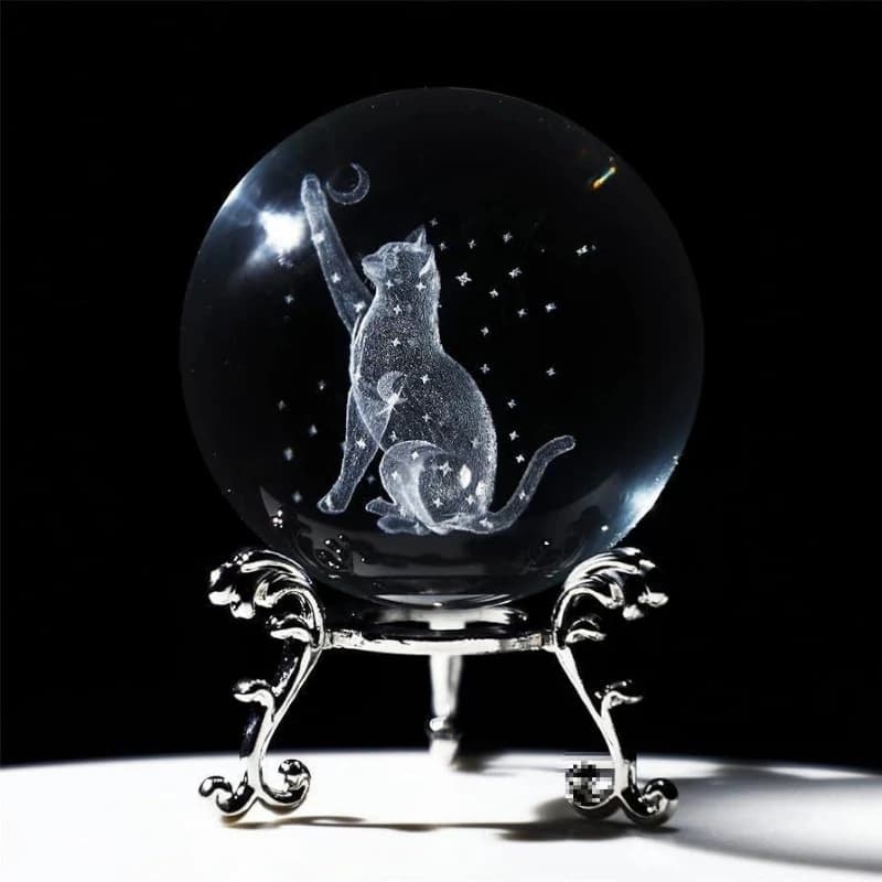 60mm 3D Engraving Laser Cat Crystal Ball Crystal Card Holder Figurine Cat Model Glass Ball House Art Decorative Crafts