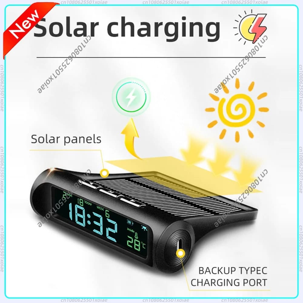Solar Powered Car Clock Thermometer Digital Time Date Week Year Temperature Monitor for Vehicle Dashboard Auto On Off Black