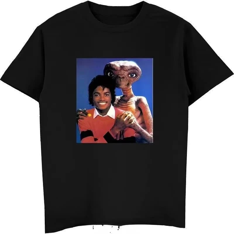 T-shirt Alien ET Michael Jackson in morbido cotone, girocollo, manica corta, stile Y2K, simpatico top grafico casual streetwear Harajuku ispirato alla pop culture
