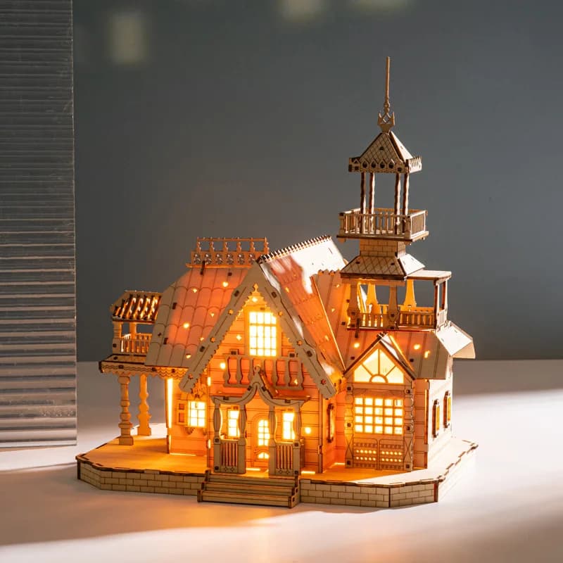 Puzzle 3D in Legno Villa Castello Reale con Luci, Giocattolo da Assemblare, Kit Modello Fai-da-Te per Bambini e Adulti, Decorazione da Scrivania, Regalo di Compleanno