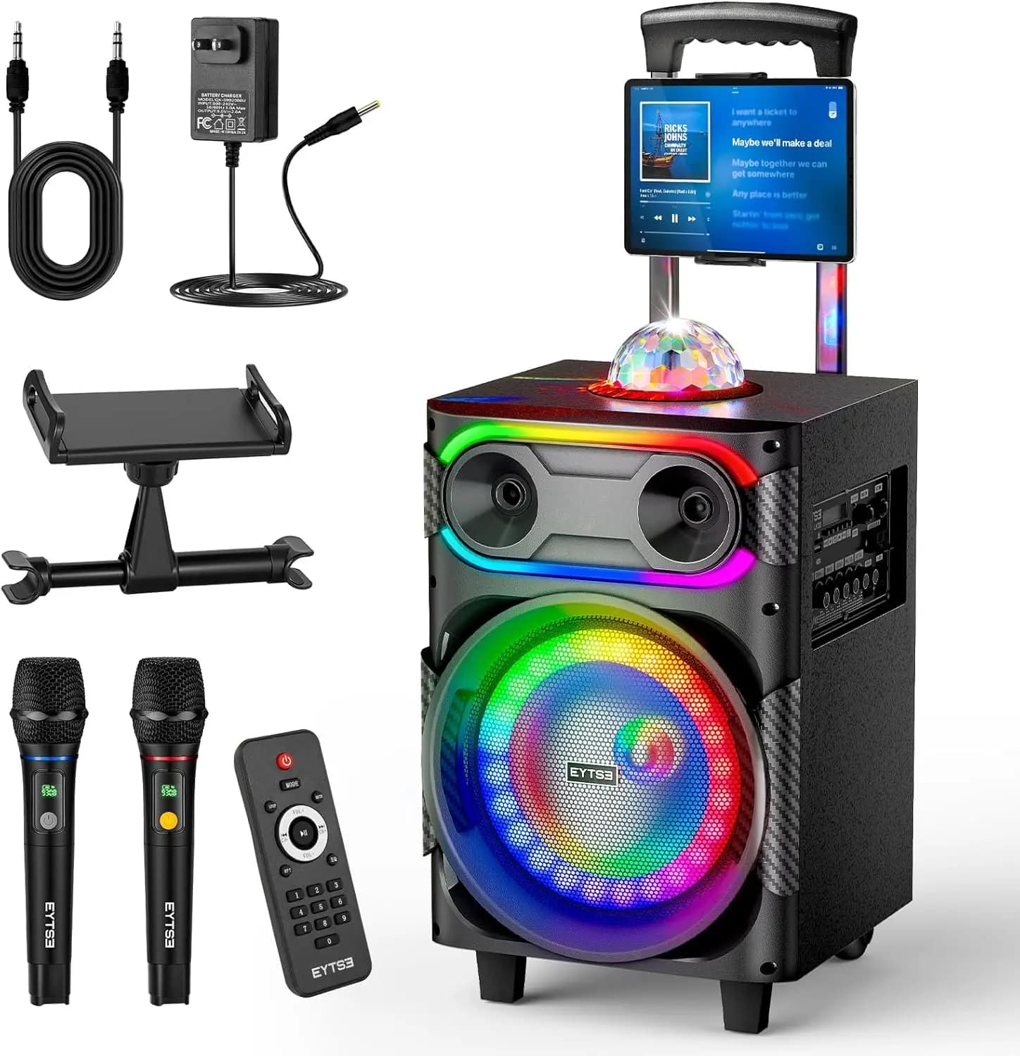 Macchina per Karaoke Portatile con Microfoni Wireless, Luci da Discoteca e Carrello con Ruote per Feste in Casa e all'Aperto
