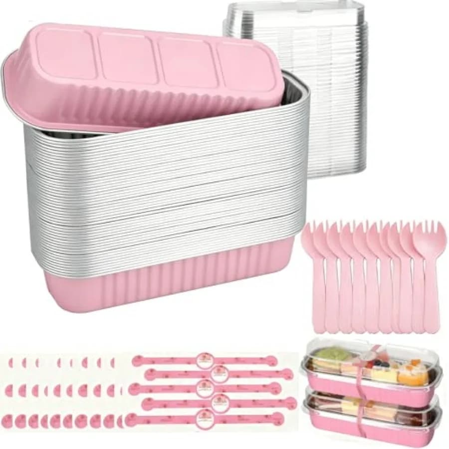 50 Pack Mini Loaf Pans with Lids and Spoons Sealing Sticker, 6.8oz Mini Cake Pans for Baking, Disposable Aluminum Foil Loaf Pan