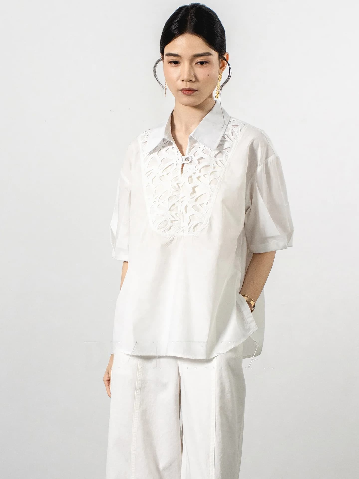 Camicia DianThia a doppio strato con colletto floreale, da donna, estiva 2026, nuovo design leggero e lussuoso, stile Old Money, maniche corte