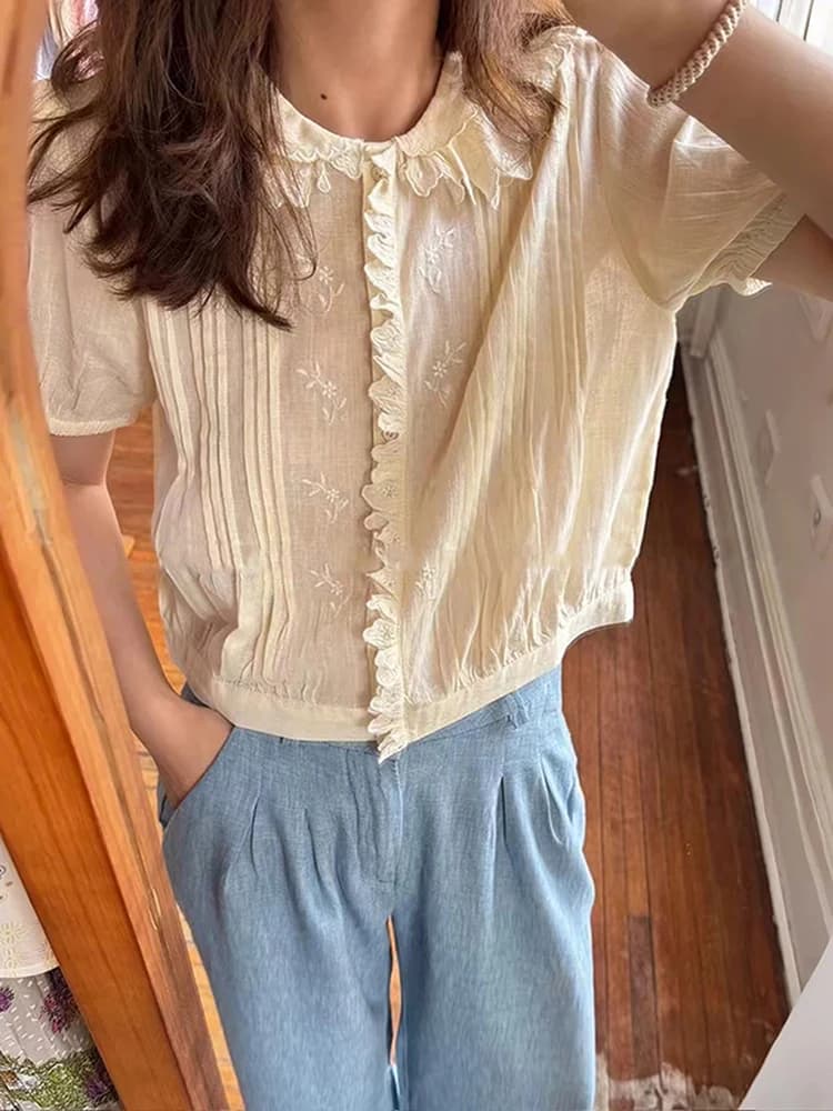 Sweet Double Layer Petal Doll Collar Embroidered Floral Pleated Short Sleeve Shirt French Style Loose Fit Pure Cotton Breathable