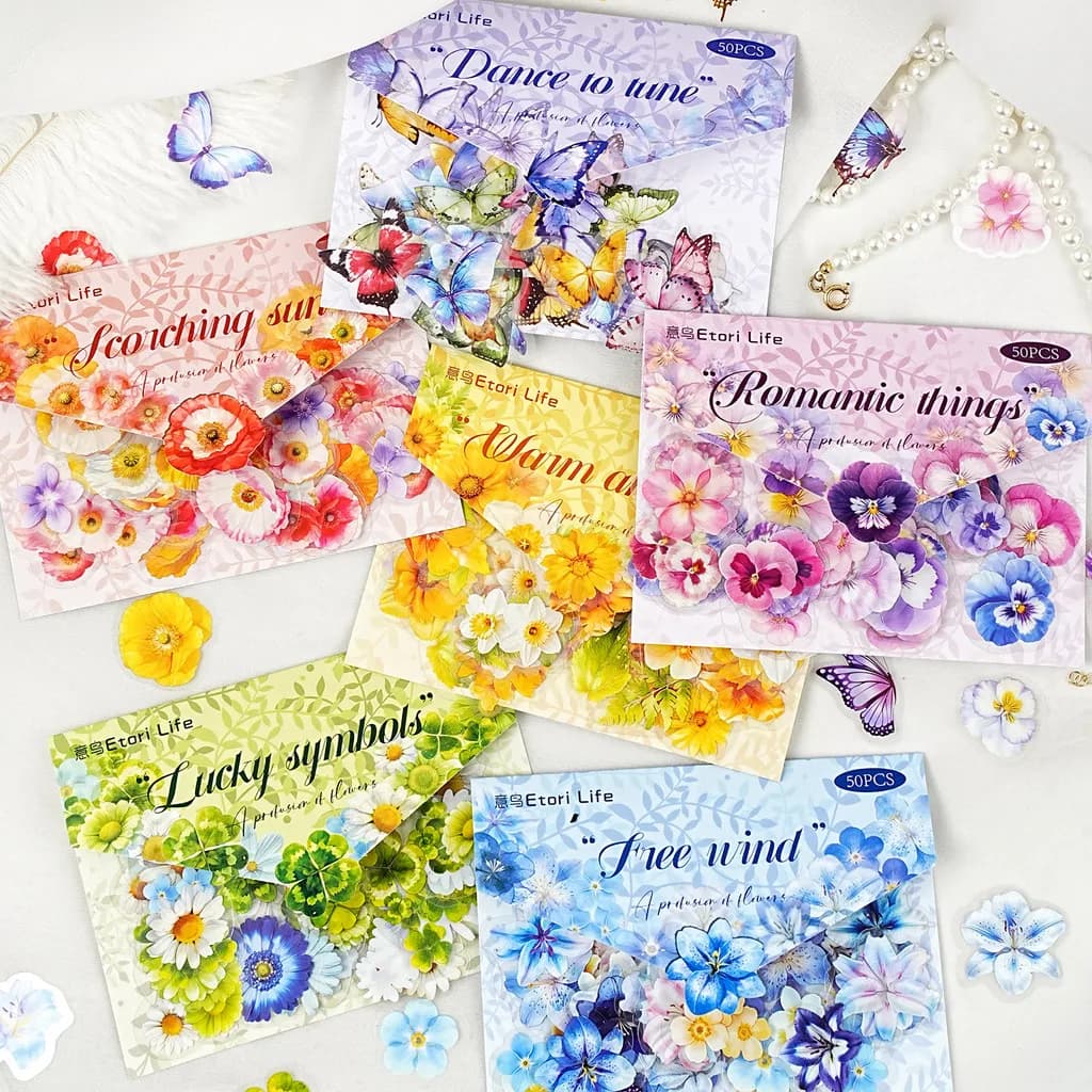 Journamm 50pcs Butterfly Scrapbook Stickers Kit Flower PET Transparent Stickers Set for Scrapbook Junk Journal Stickers Pack