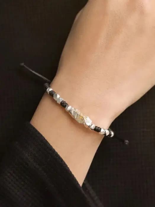 Retro Wishing Stone Pendant Self-Discipline Silver Bracelet Unisex Lucky Bead Red Woven Hand Rope Couple Hand Jewelry
