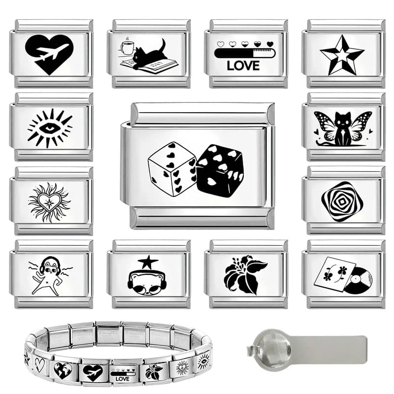 Bracciale con ciondoli neri in acciaio inossidabile da 9 mm con incisione laser Y2K, fai da te, con perline a forma di gatto, farfalla, stella, cuore - Gioielli all'ingrosso