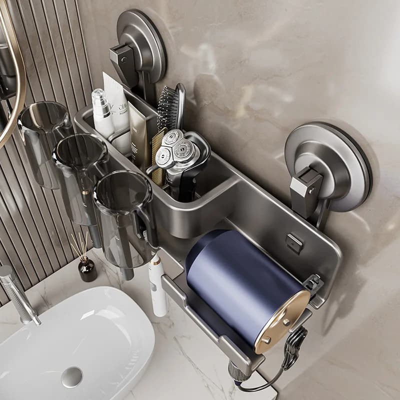 Fan brush holder with no drill cup, electric toothbrush bath organizer, hairdryer