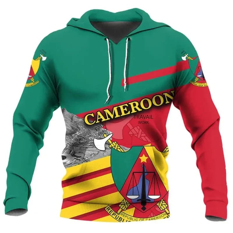 1 pezzo Personalizza la tua immagine Bandiera del Camerun dell'Africa Felpa con cappuccio stampata in 3D per uomo Abbigliamento Emblema nazionale Leone Felpe grafiche Stre
