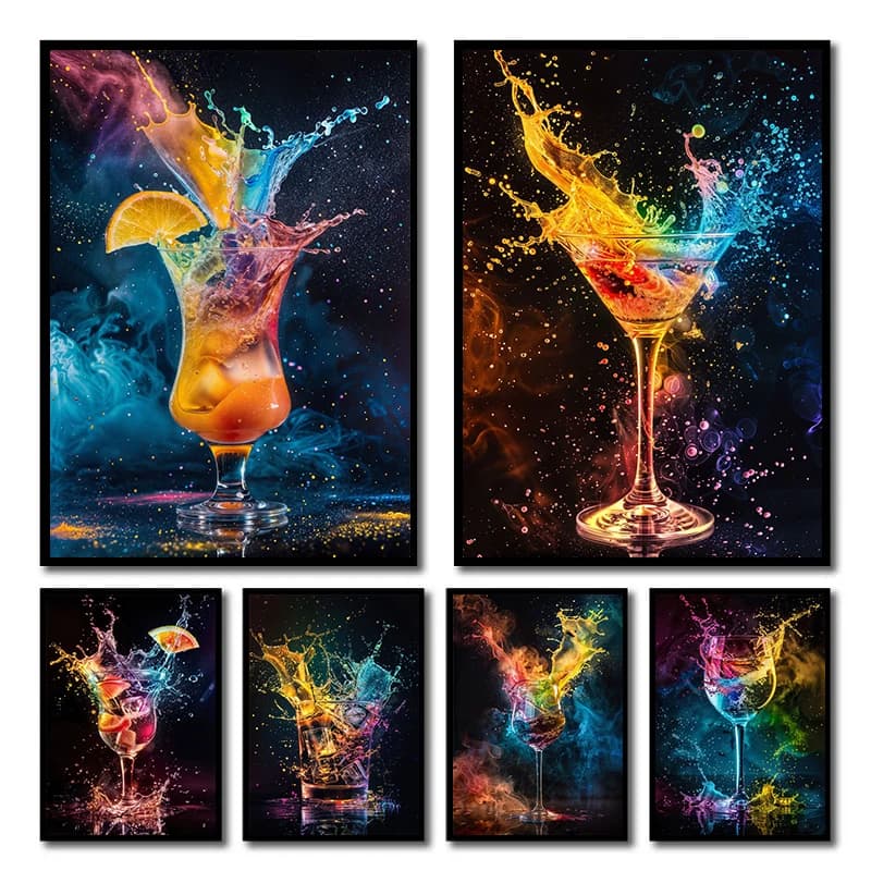 Glass Whiskey Wine Cocktail Drink Explosion Colors Splash Poster Print Diamond Painting Wall Art Picture Kitchen Bar Club Deco