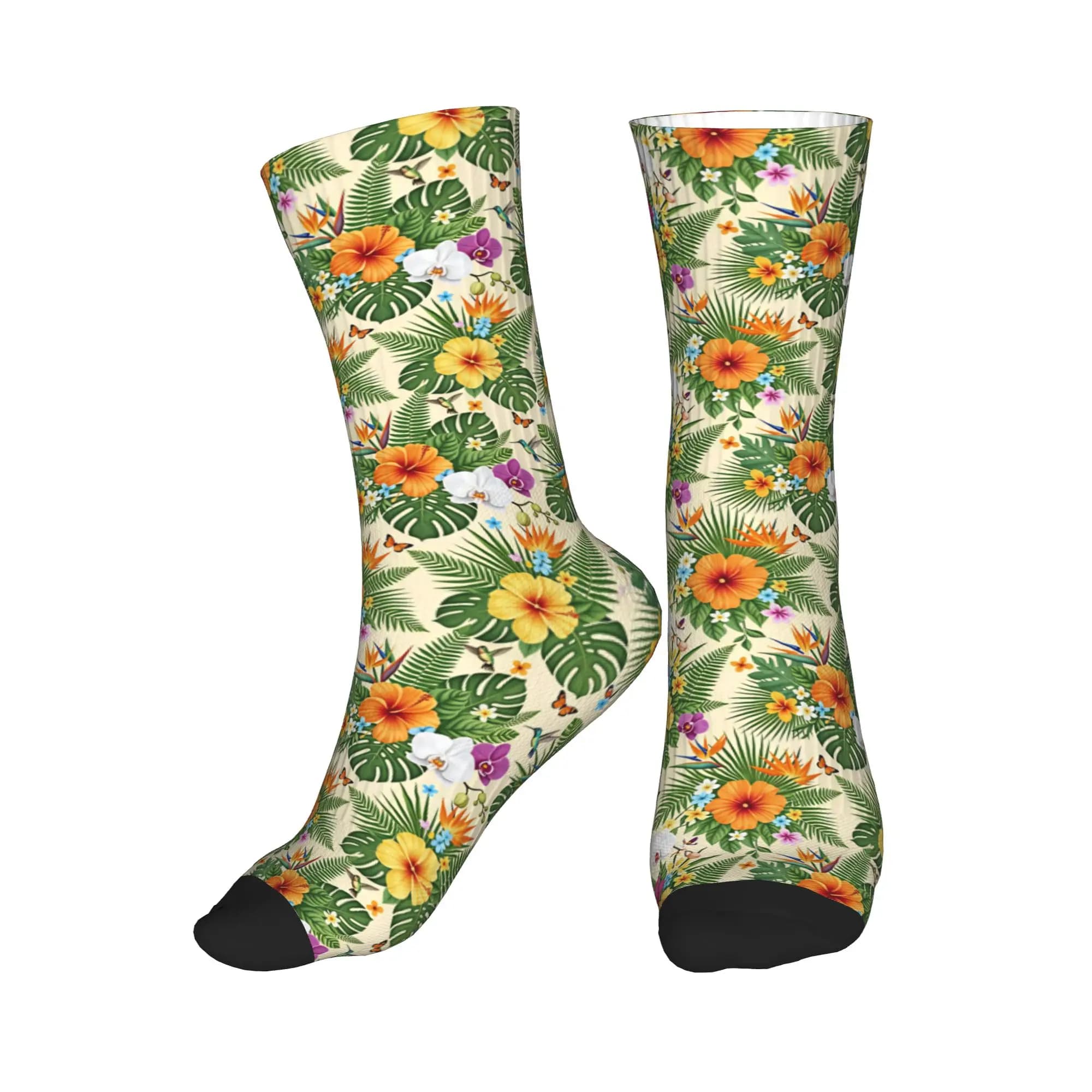Cute Printed Hawaiian Tropical Hibiscus Orchid Socks for Men Women Stretchy Summer Autumn Winter Crew Socks