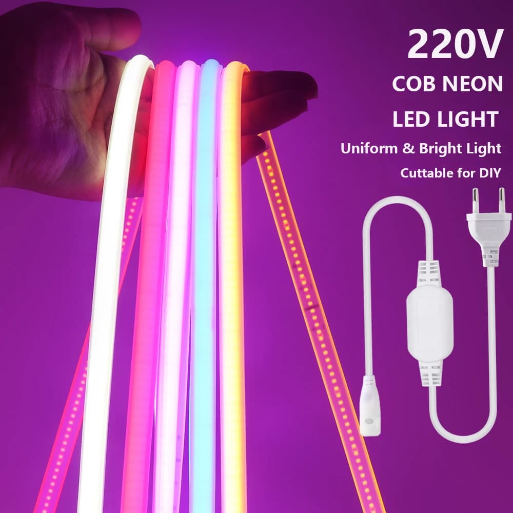 AC 220V COB LED Neon Strip Light Impermeabile Bianco Rosa Rosso Blu 288LED/m EU Power Plug Kit RA90 Flex Tape 10 colori Garden Decor