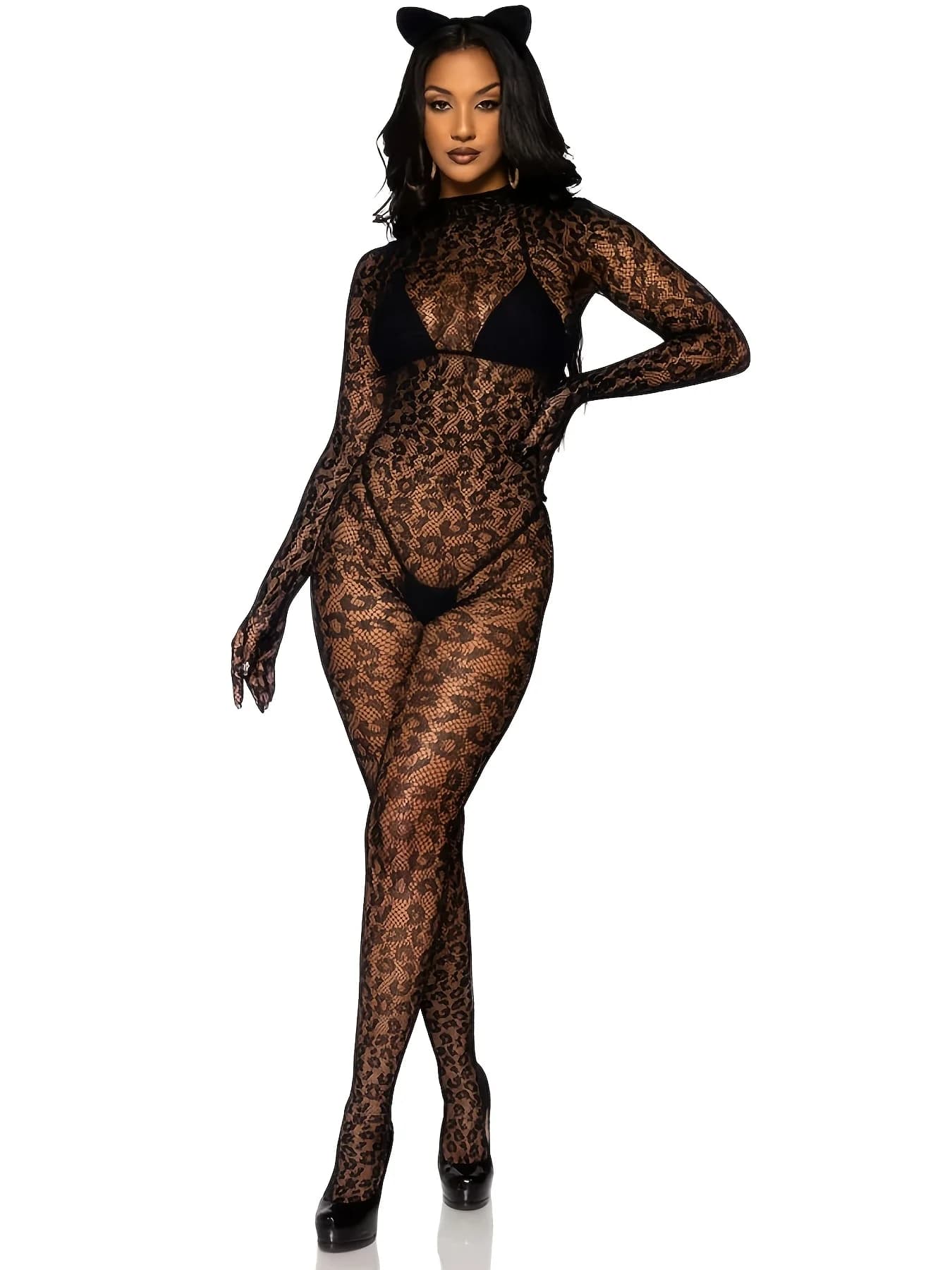 Tuta intera sexy da donna con stampa leopardata, a maniche lunghe, in rete traforata, aderente, con leggings.