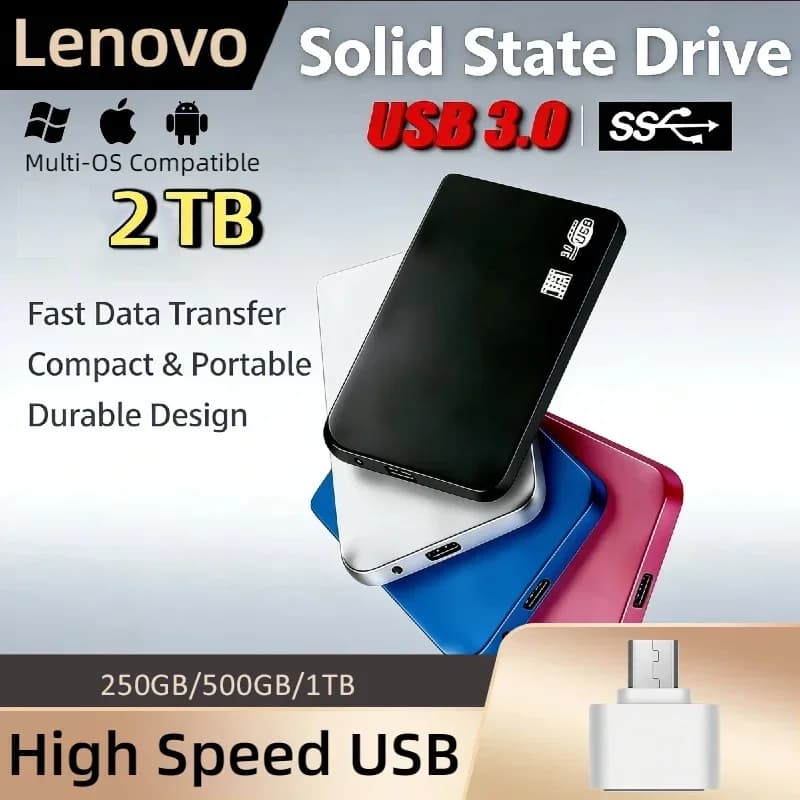 Lenovo SSD da 2TB ad Alta Velocità, Enclosure USB 3.0 per Unità SSD Portatili, Box per Archiviazione Esterna HDD con Cavo USB 3.0 in ABS