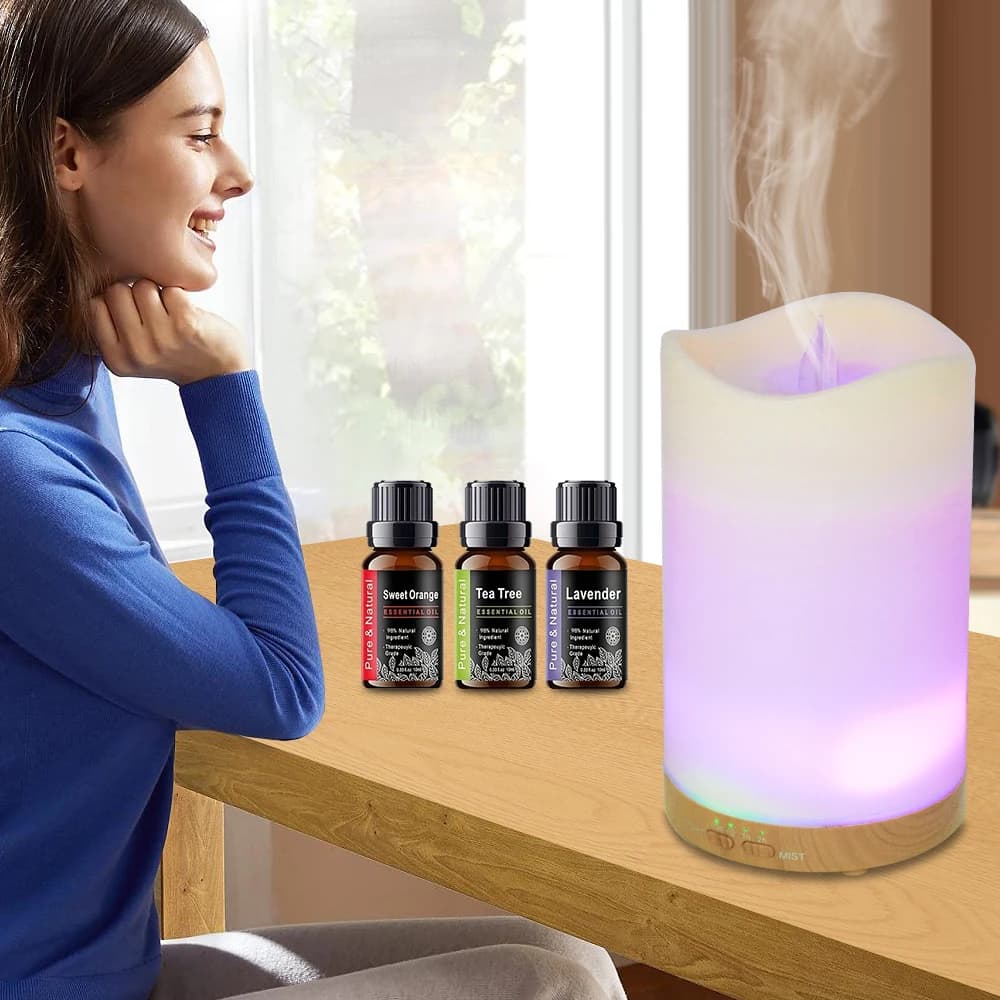 Diffusore con 3 Bottiglie di Oli Essenziali per Camera da Letto, Ufficio e Studio Yoga, Umidificatore Aromatico con Timer Automatico e Luce Notturna