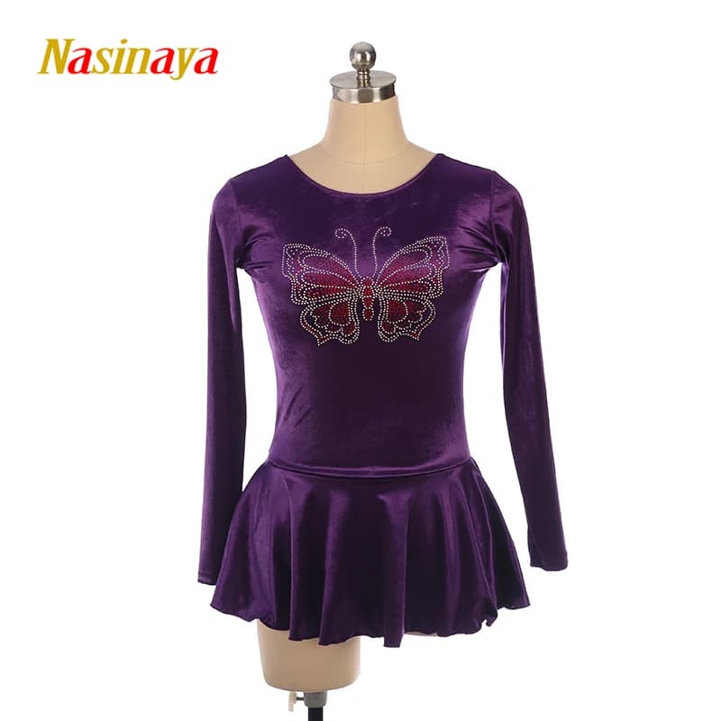Costume per Pattinaggio Artistico, Gonna per Pattinaggio su Ghiaccio per Ragazze, Donne e Bambini, Competizione, Velluto con Farfalle e Strass, 12 Colori