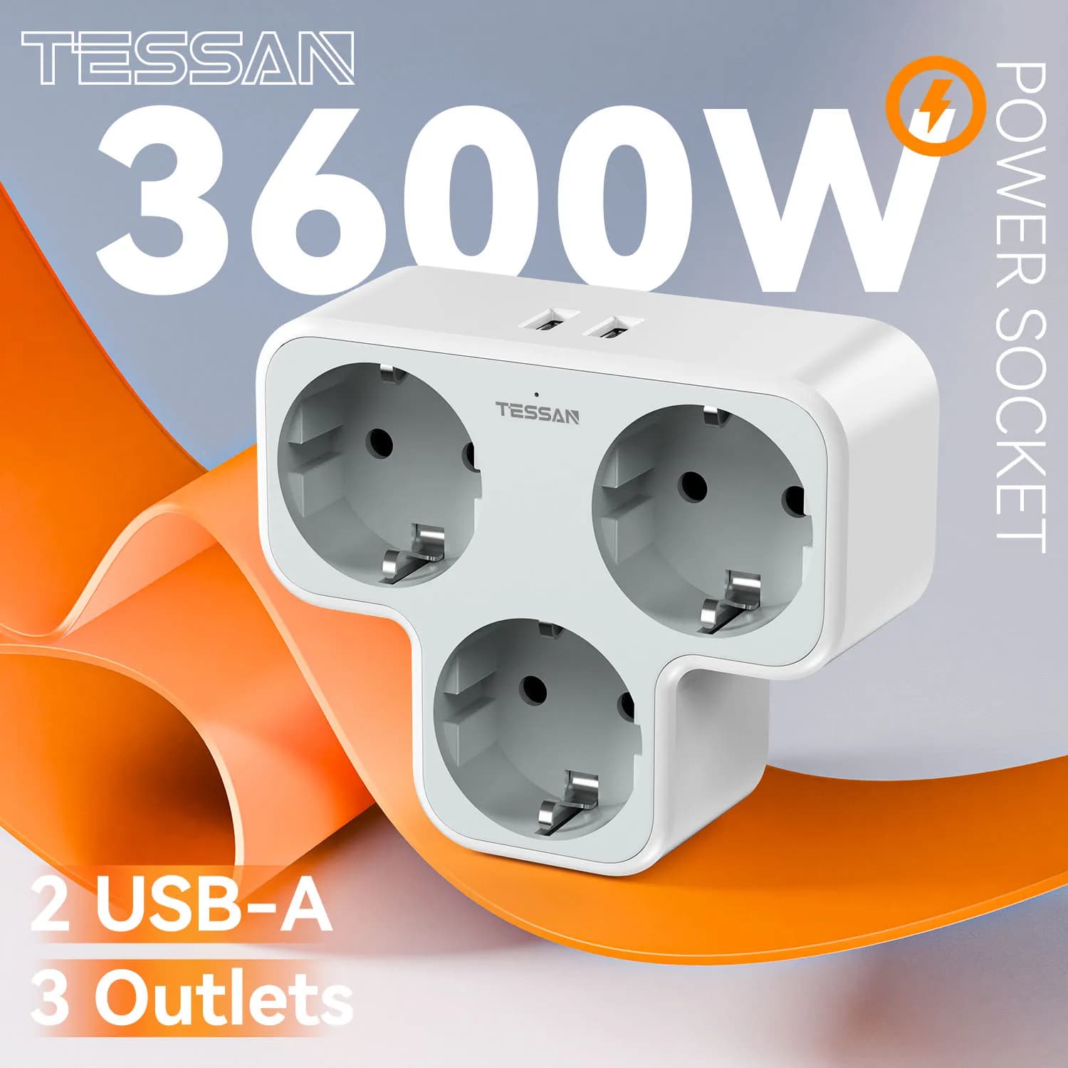 TESSAN Prolunga per presa multipla a muro con 3 prese 2 porte USB Adattatore per presa europea 5 in 1 Caricatore da muro per ufficio domestico