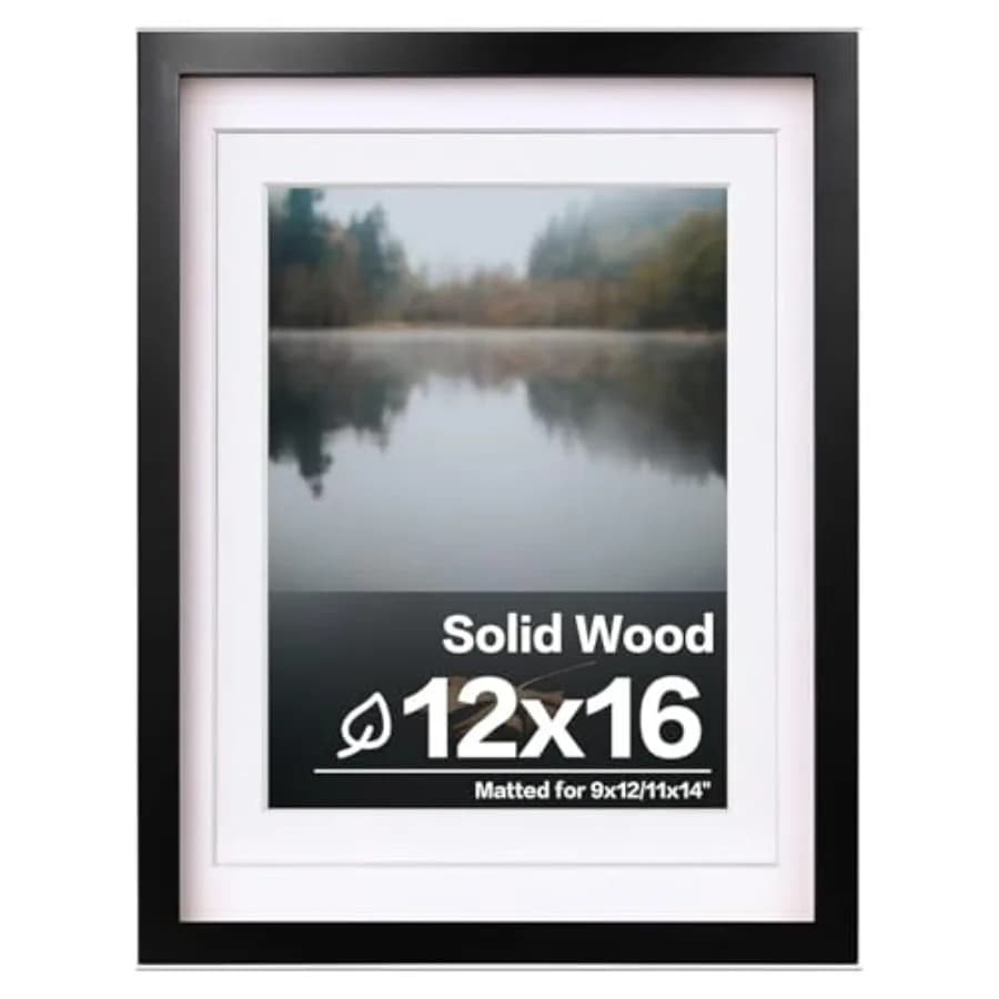 12x16 Picture Frame Black, Covered by Plexiglass Made of Solid Wood, Display Pictures 9x12 and 11x14 with Mat or 12x16 Without