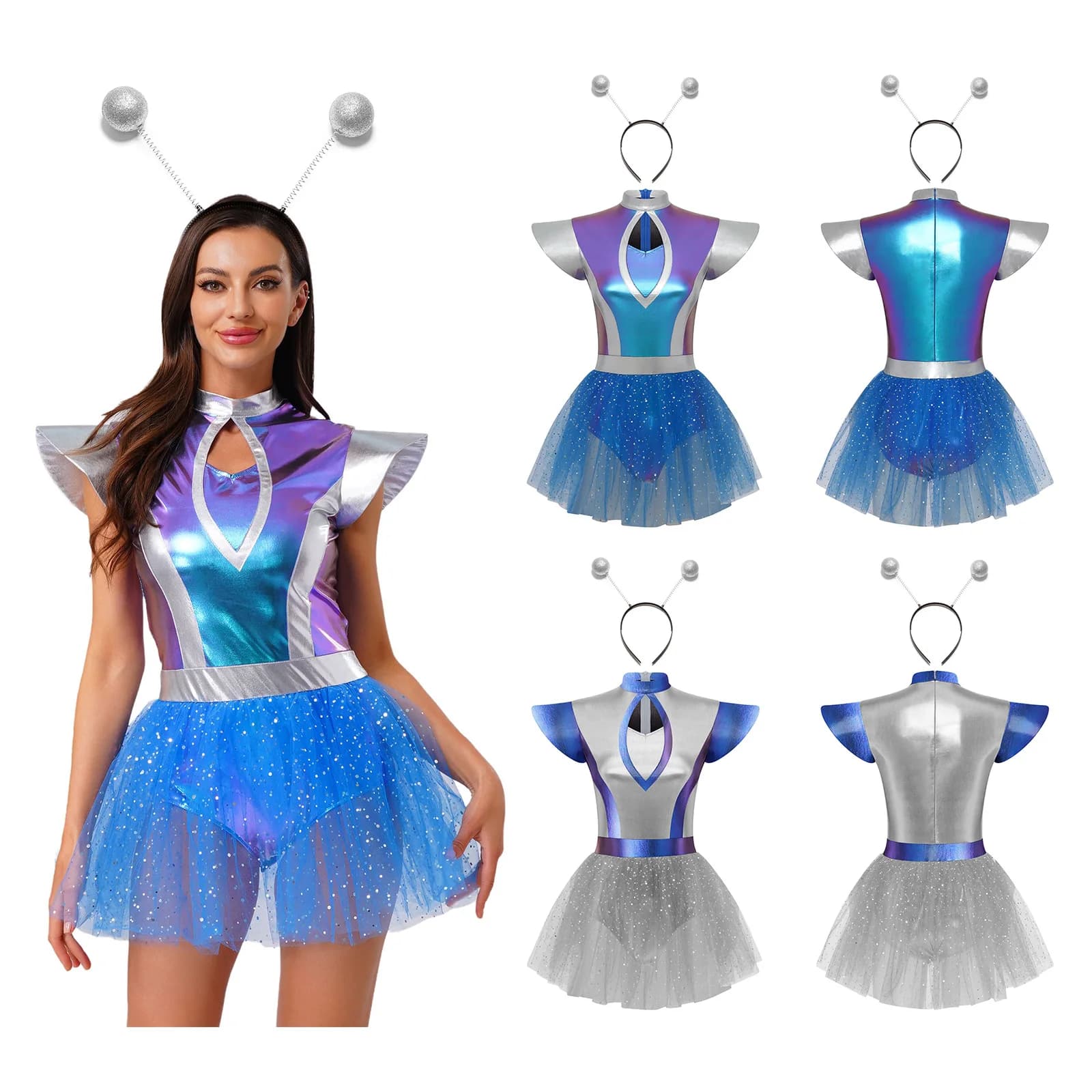 Costume da Astronauta Robot per Donne Adulte, Tuta Aliena con Gonna Tutu in Tulle, Abito da Cadetto Spaziale per Halloween e Feste in Maschera