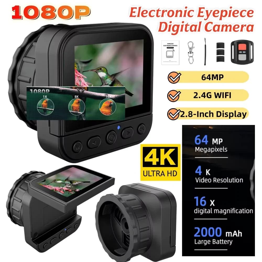 64MP 4K HD Eyepiece Camera for Birdwatching Hummingbird Astronomical Telescope with Video Camera 2.4G WIFI Portable Lightweight