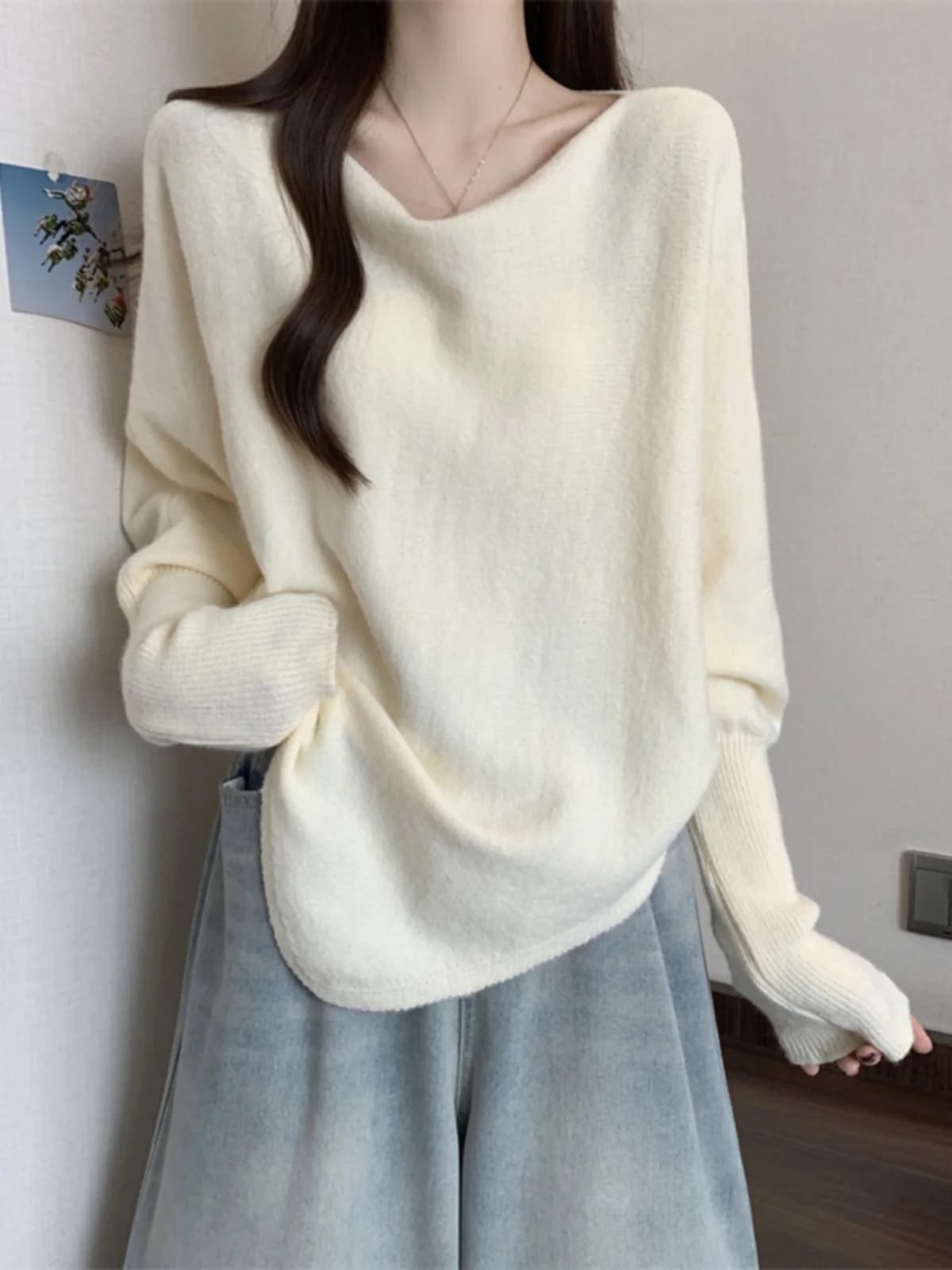 Loose Long Sleeve Knitted Sweater Women's Spring Autumn New Style plus Size Conceal Belly Asymmetrical Neckline Bottoming Swe...