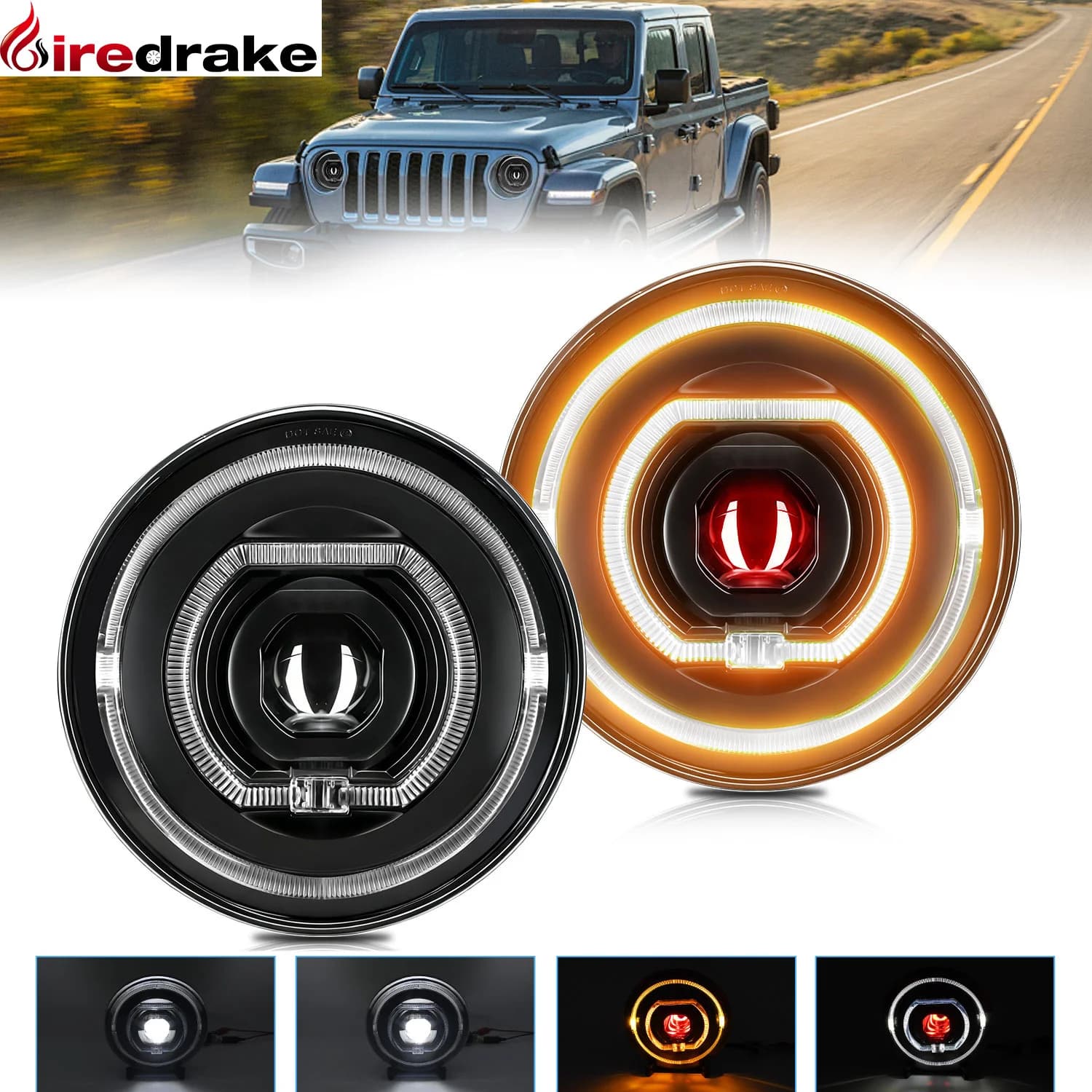 7-inch Wrangler Round LED Light, High Power H4 Double Headlight 200W 20000LM for Jeep JK Harley DRL 6000K 32V